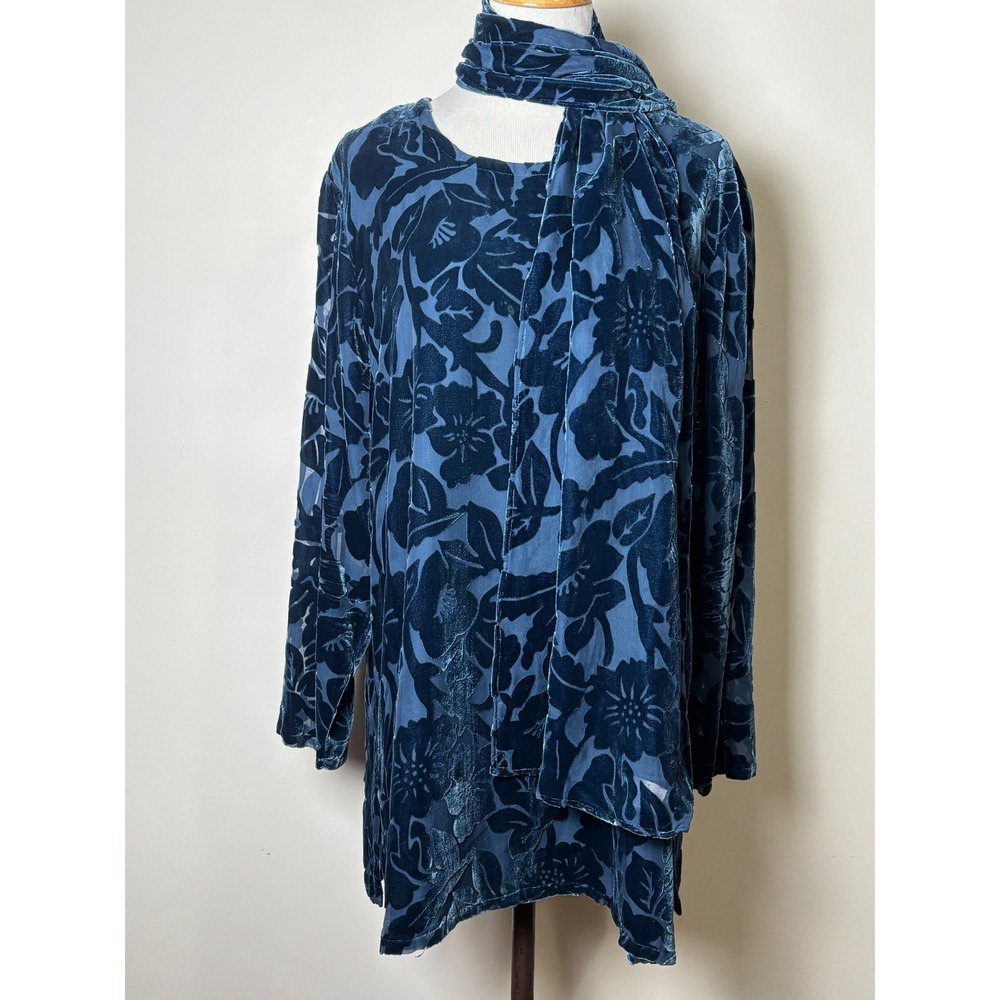 Silk Lore Silk Blend‎ Velvet Burnout Tunic Blouse Scarf Set 1X Dressy Elegant